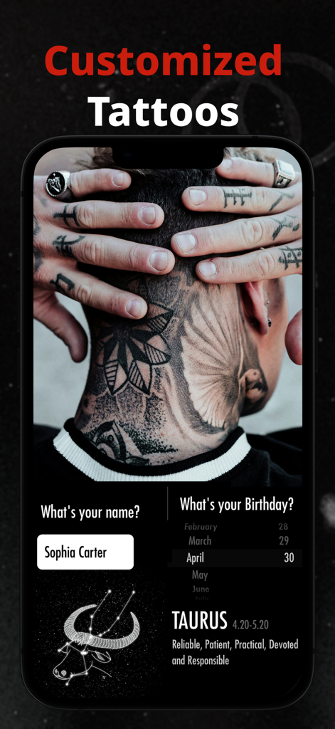 Tela de smartphone mostrando opções de design de tatuagem personalizadas com base no nome e signo do zodíaco