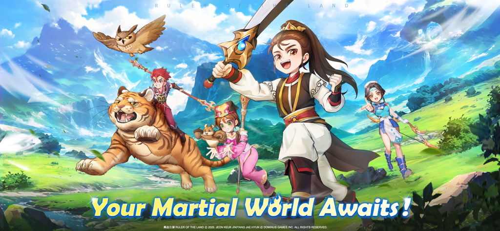 Ruler of the Land - Personnages et familiers de style anime vibrants dans le paysage pittoresque du MMORPG mobile Ruler of the Land.