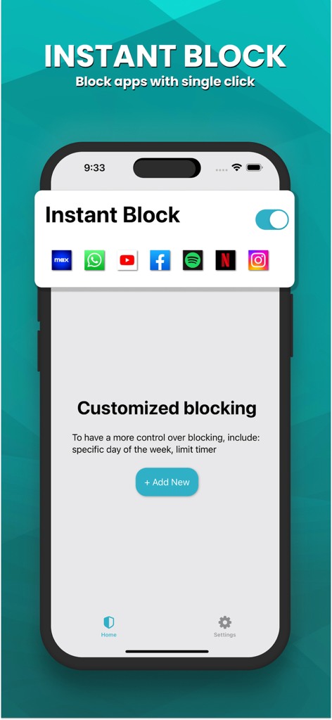 Interfaz de la app LockIt que muestra la función de bloqueo instantáneo para restringir el acceso a redes sociales y apps de entretenimiento con un solo interruptor