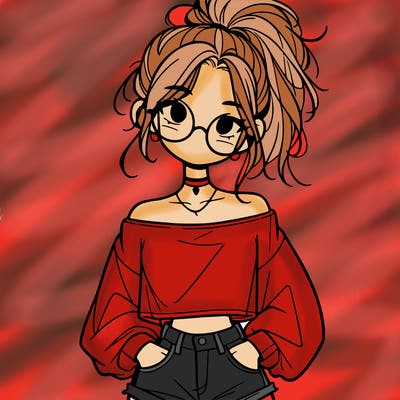 girl with a messy ponytail glasses a baggy crop top and jean shorts