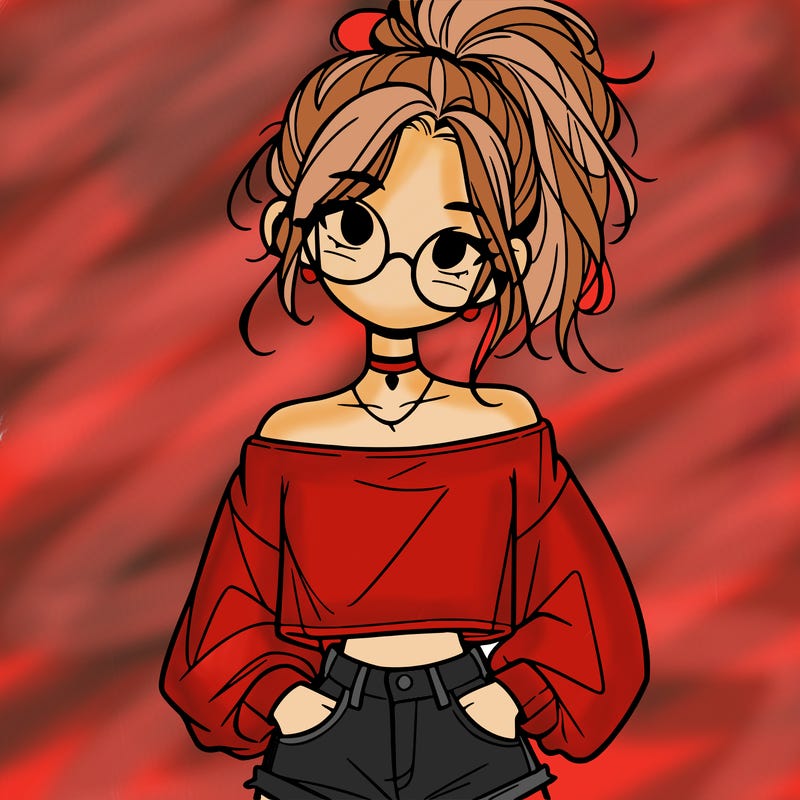 girl with a messy ponytail glasses a baggy crop top and jean shorts