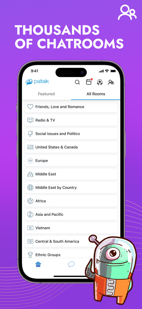 Paltalk mobile app screen showing a list of chat room categories by topic and region