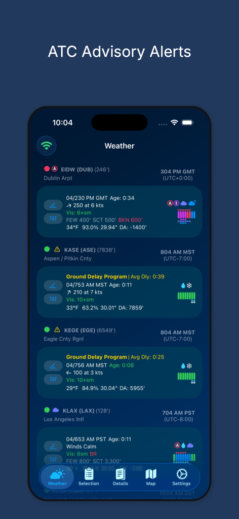 AvWx aviation weather app interface displaying ATC advisory alerts and ground delay programs for various airports
