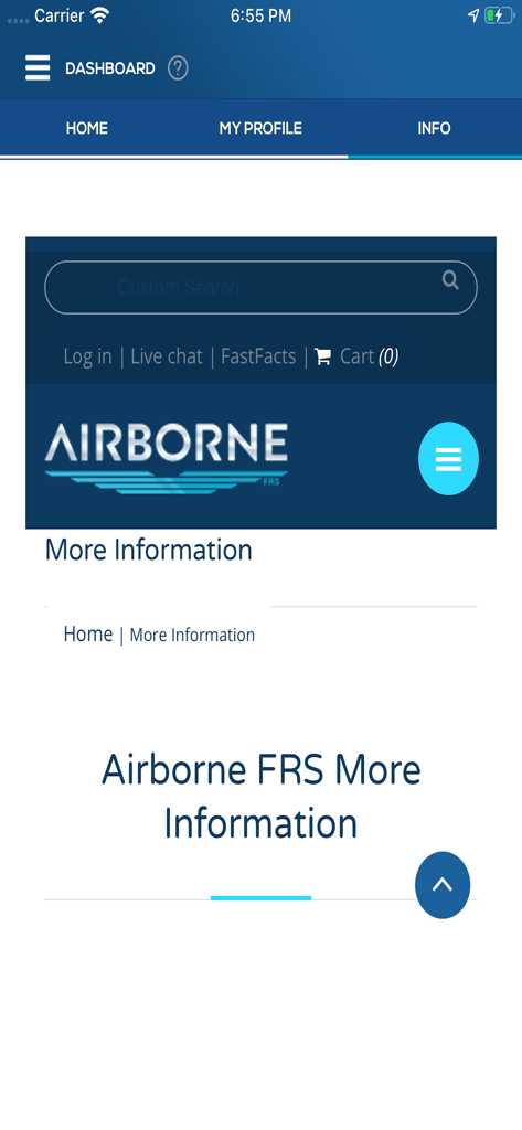 Interface de l'application mobile Airborne Flight Reporting System montrant la page d'information et le tableau de bord de recherche