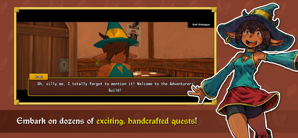 Uma captura de tela do Eterspire MMORPG mostrando um personagem chamado Arami na Guilda dos Aventureiros.