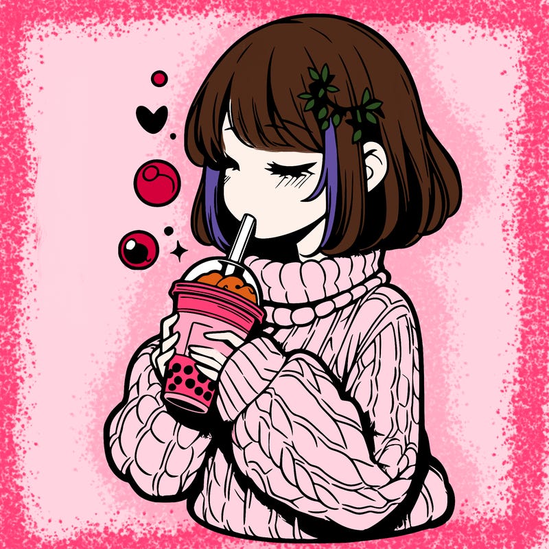 manga girl drinking boba in cozy sweater