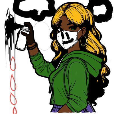 realistic girl with mask spray painting a wall