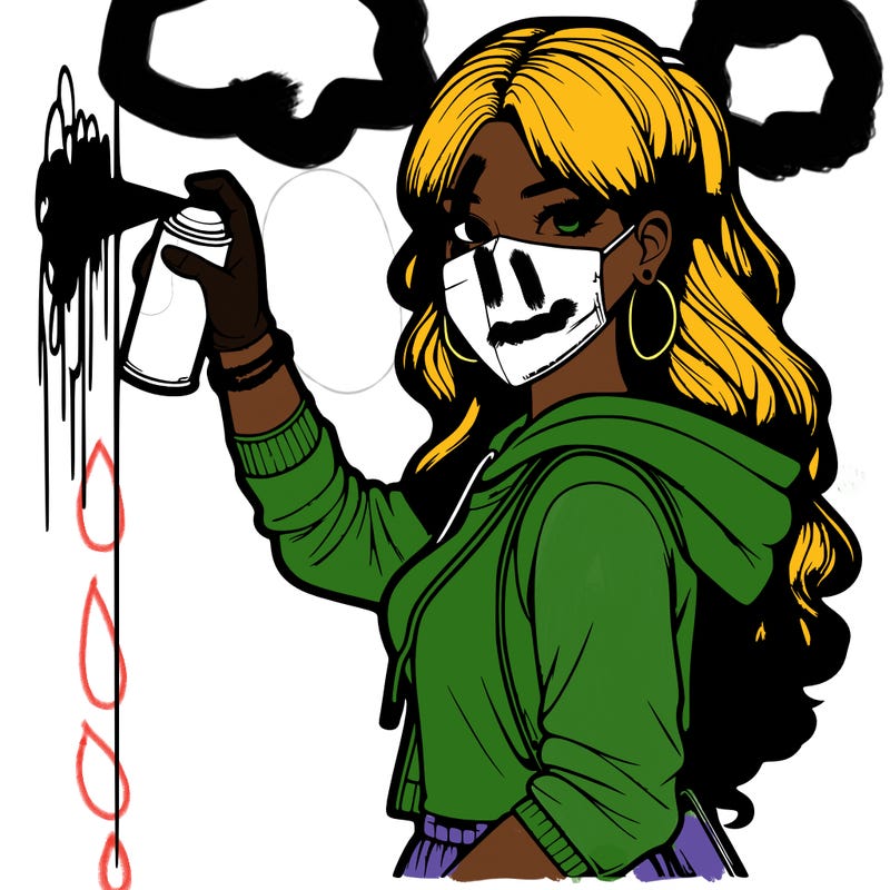 realistic girl with mask spray painting a wall