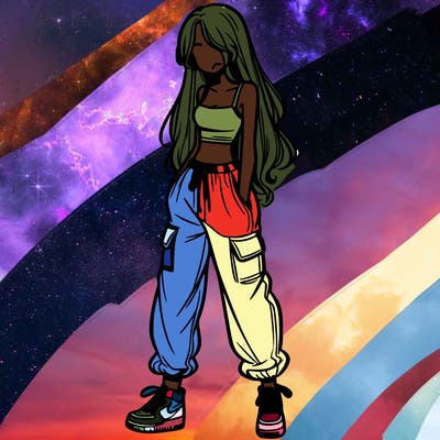 girl in baggy pants crop top and long hair
