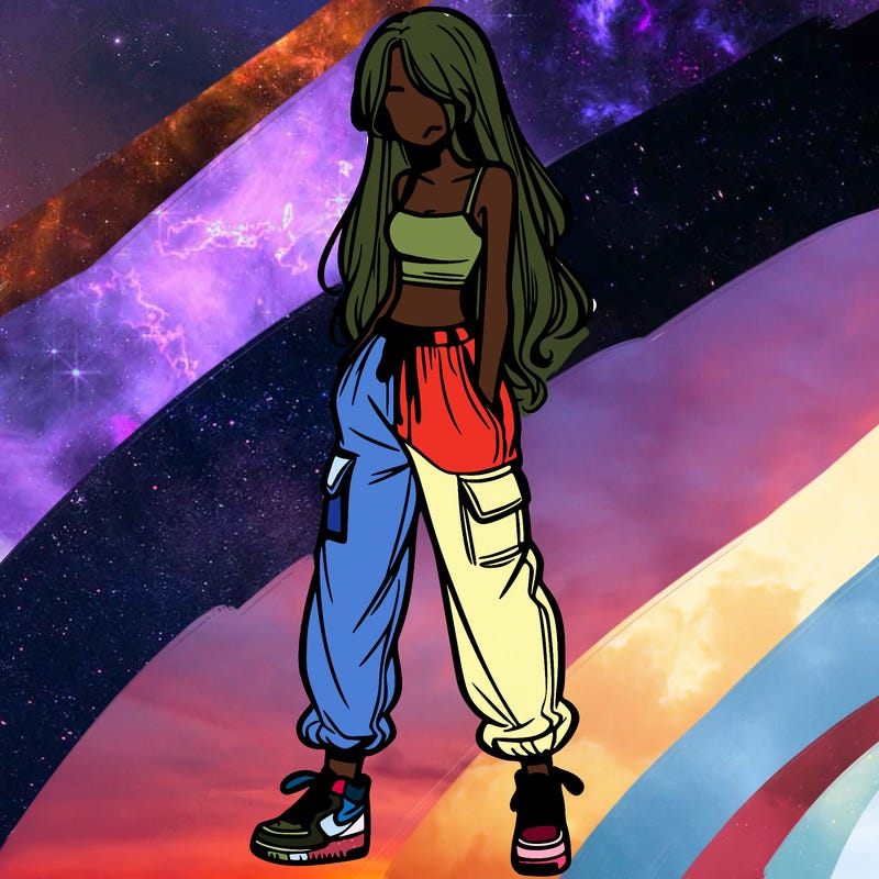 girl in baggy pants crop top and long hair