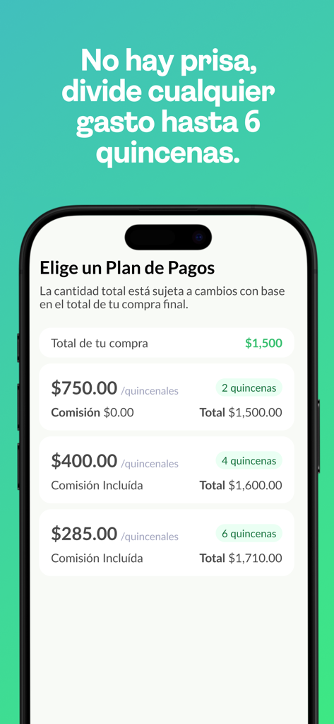 KabCash mobile app screen showing options for bi-weekly payment installments in Spanish