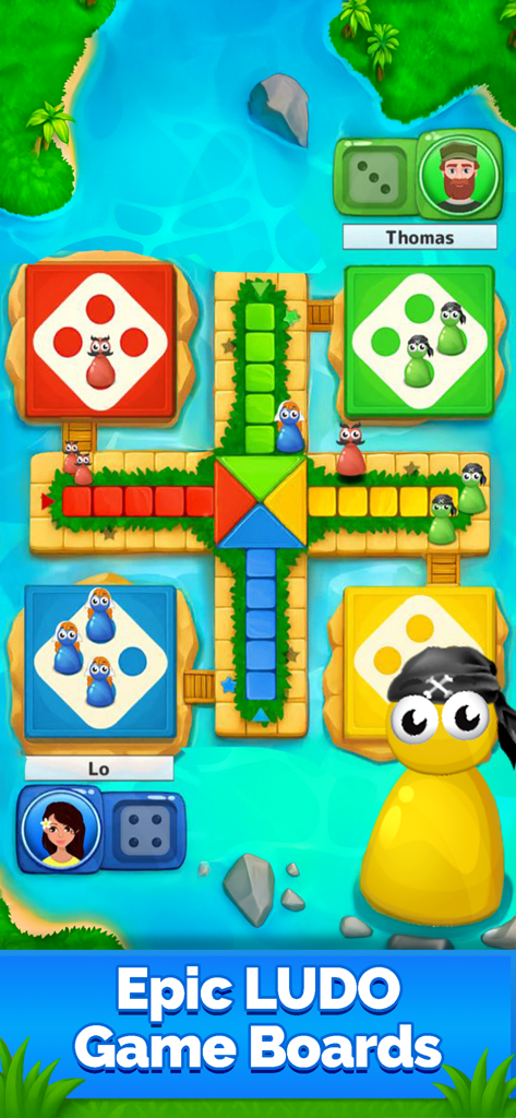 Ludo Quest: Parchis Dice RPG - A vibrant Ludo board game interface with a tropical island background and animated game pieces.