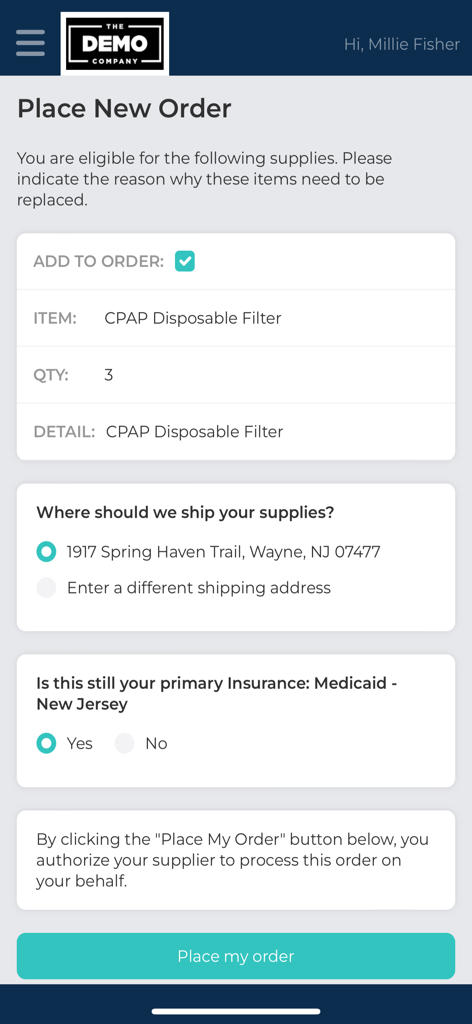 SNAP Resupply app interface for placing a new order of CPAP filters