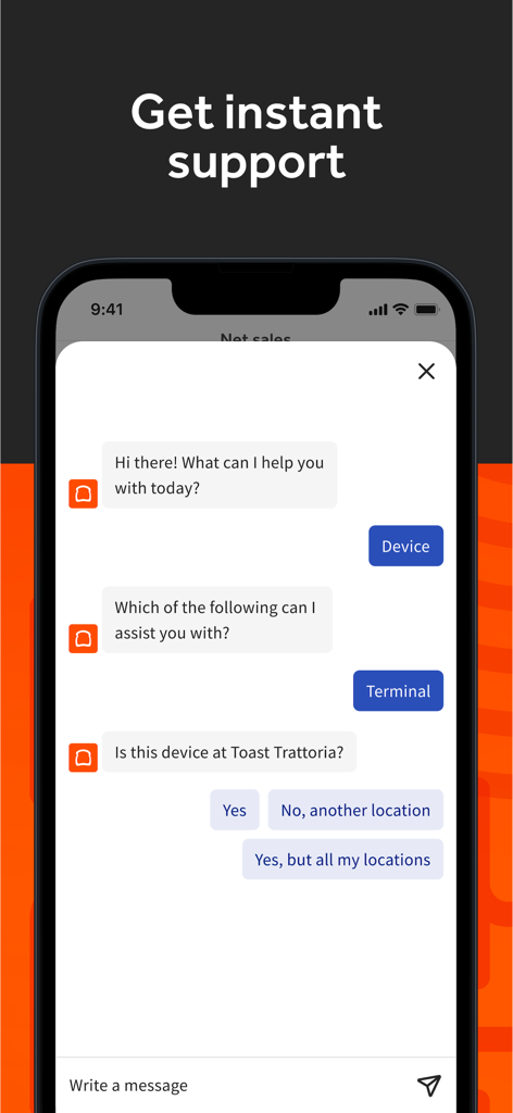 Toast Now - A screenshot of the Toast Now app showing the instant customer support chat feature for restaurant managers