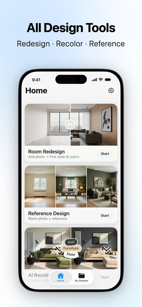 Home & Room AI Interior Design - Roomish AIアプリのホーム画面、部屋の再デザイン、参照デザイン、AIリカラーのデザインツールを表示