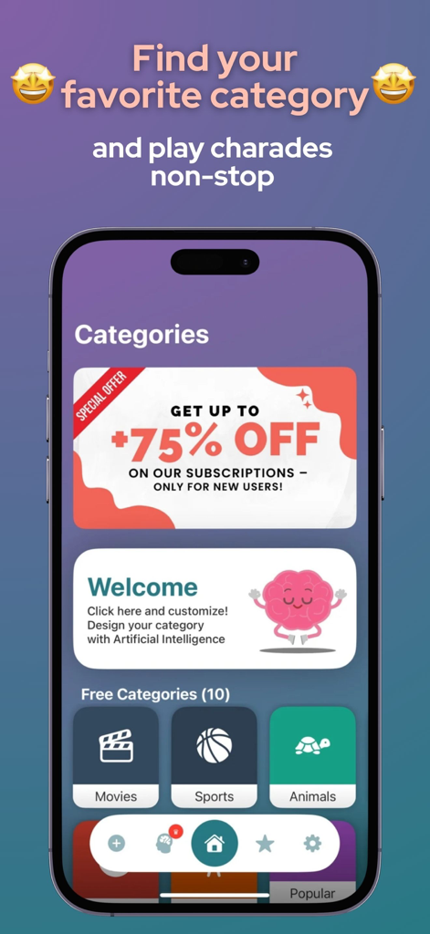 Guess It - Charades with AI - The categories screen of the Guess It app showing game options like Movies, Sports, and Animals with an AI customization feature.