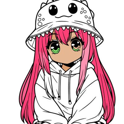 girl with anime shaped eyes with a dinosaur bucket hat oversized sweatshirt long straight hair