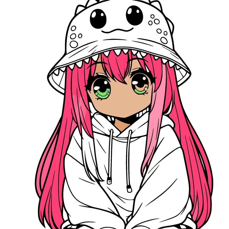 girl with anime shaped eyes with a dinosaur bucket hat oversized sweatshirt long straight hair