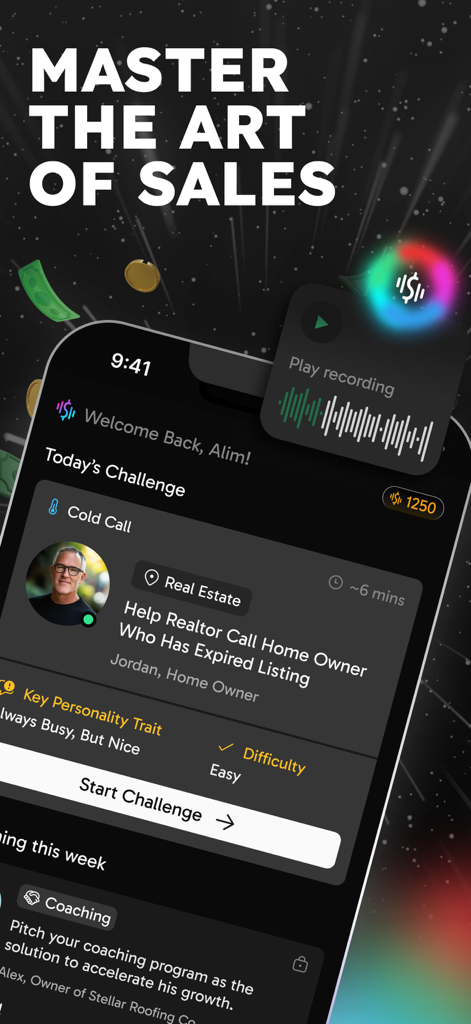 CloserCoach - AI Sales Trainer - App screen showing an AI sales training cold call challenge for real estate professionals
