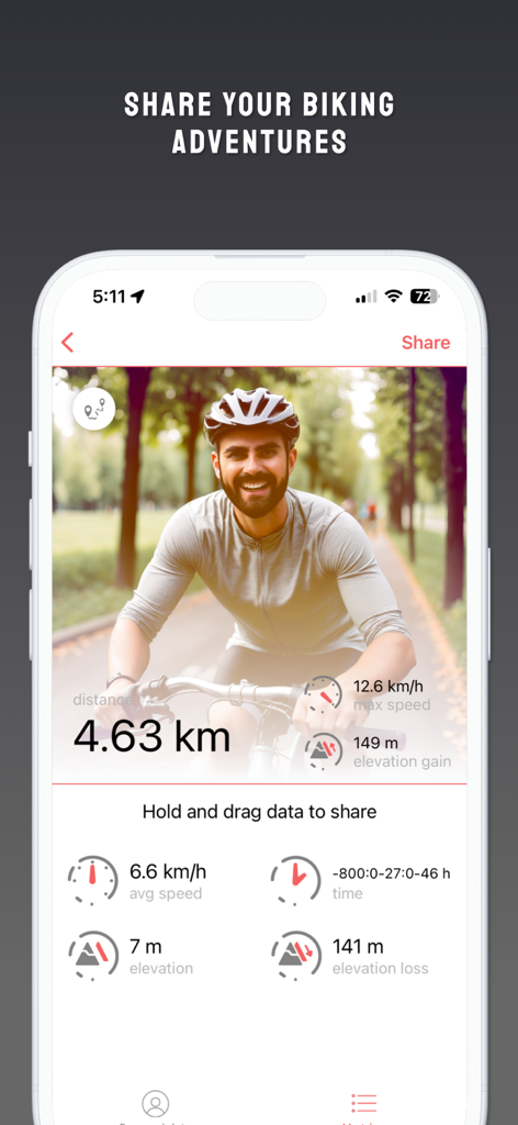 Bike GPS: Ride route tracker - Pantalla de la aplicación GPS para Bicicleta que muestra estadísticas de ruta como distancia y velocidad compartidas sobre una foto de un ciclista