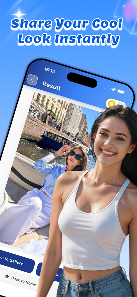Una interfaz de aplicación móvil para Slick Shade que muestra el resultado de una prueba virtual de gafas de sol con opciones para compartir y guardar