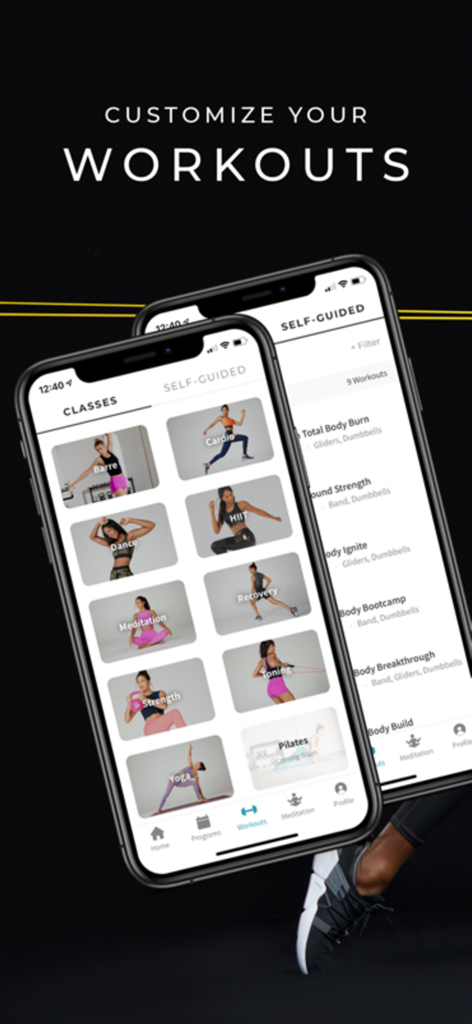 Fabletics FIT - Fabletics FIT app screens showing various workout classes and self-guided sessions