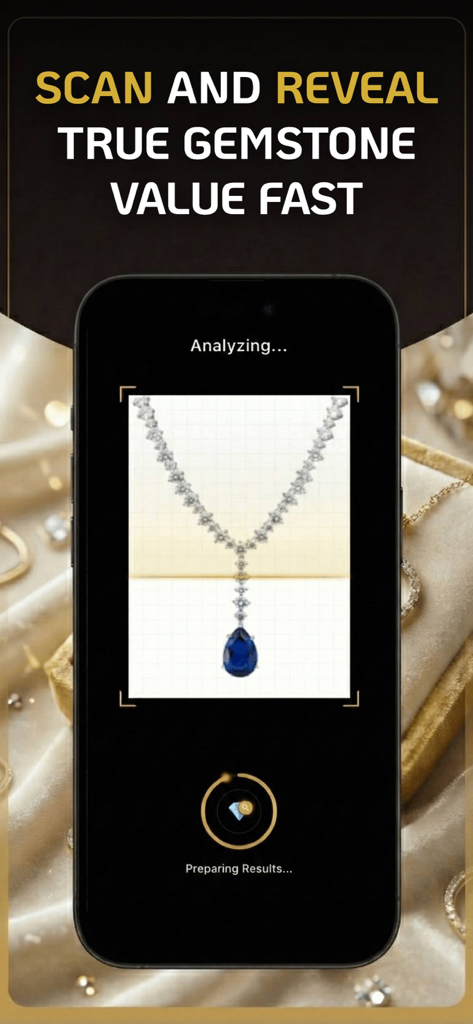 A smartphone screen showing the Gemly app scanning a sapphire necklace to reveal its gemstone value.