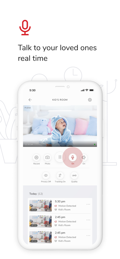Airtel Xsafe - Airtel Xsafe app interface showing the two way talk feature with a live video feed of a nursery and motion detection alerts