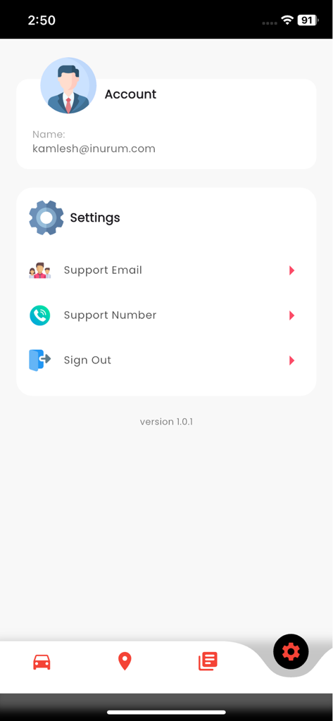 Shazcom Fiji - Pantalla de cuenta y configuración del usuario de la aplicación de gestión de flotas Shazcom Fiji que muestra opciones de perfil y soporte