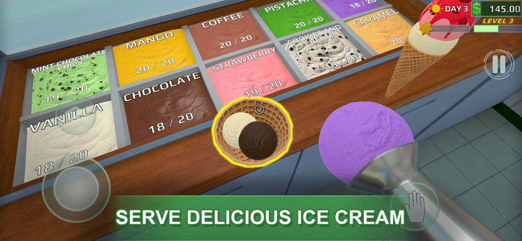 Ice Cream Revolution - Gameplay screenshot of Ice Cream Revolution showing various ice cream flavors and the scooping mechanic.