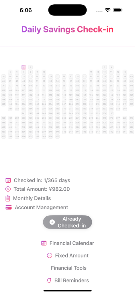 365-Day Savings - Interface de check-in de economia diária com uma grade de 365 dias e status de acompanhamento de hábitos financeiros.
