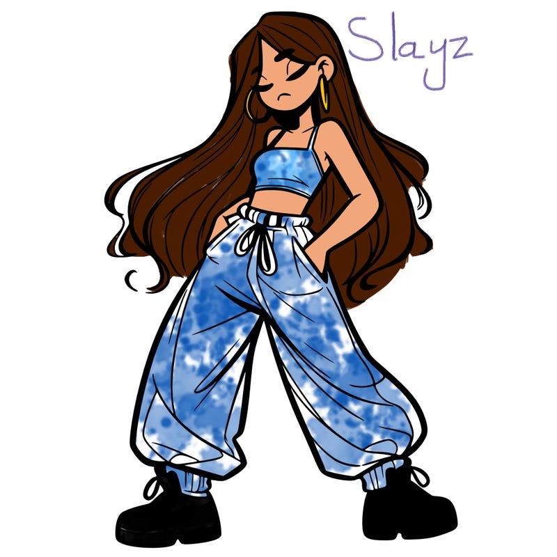 girl in baggy pants crop top and long hair