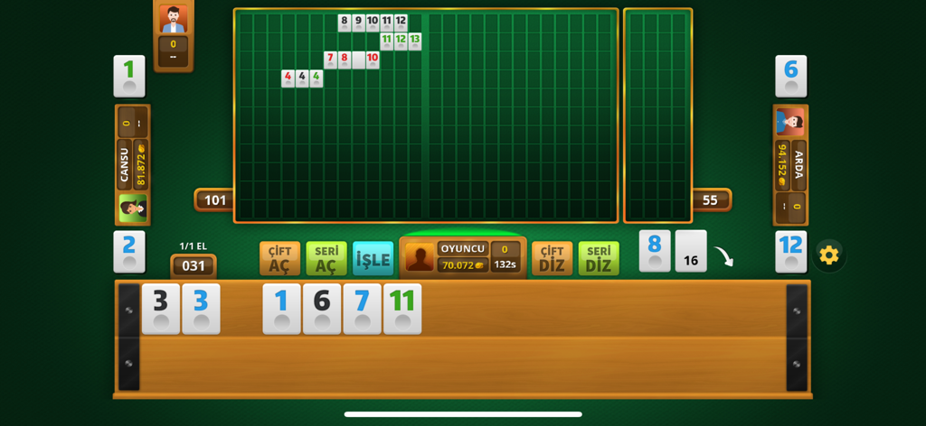 101 Okey HD-İnternetsiz YüzBir - Gameplay interface of 101 Okey HD showing numbered tiles and sets on a green board.