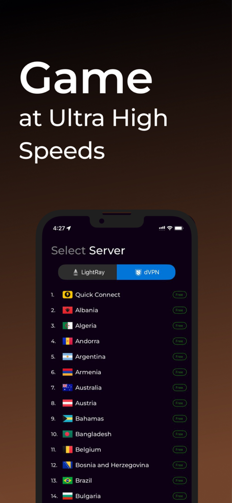 LightRay VPN server selection screen for high speed gaming