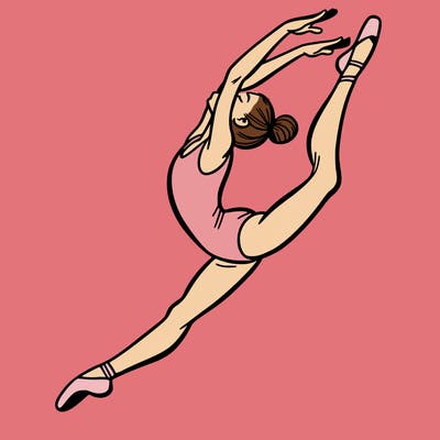 gymnast doing a leap in a leotard with a bent back leg