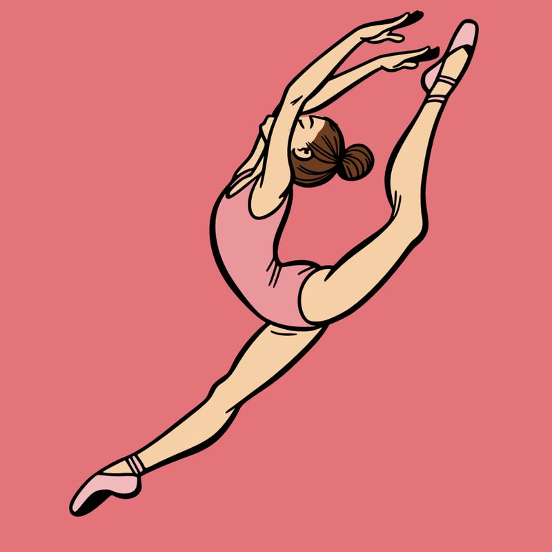 gymnast doing a leap in a leotard with a bent back leg