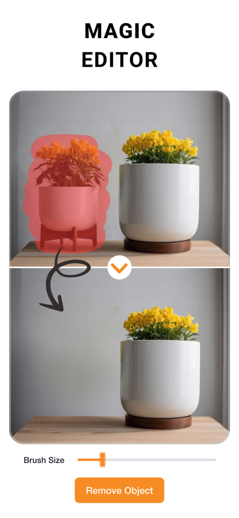 Before and after demonstration of the Magic Editor feature removing a potted plant from a photo.