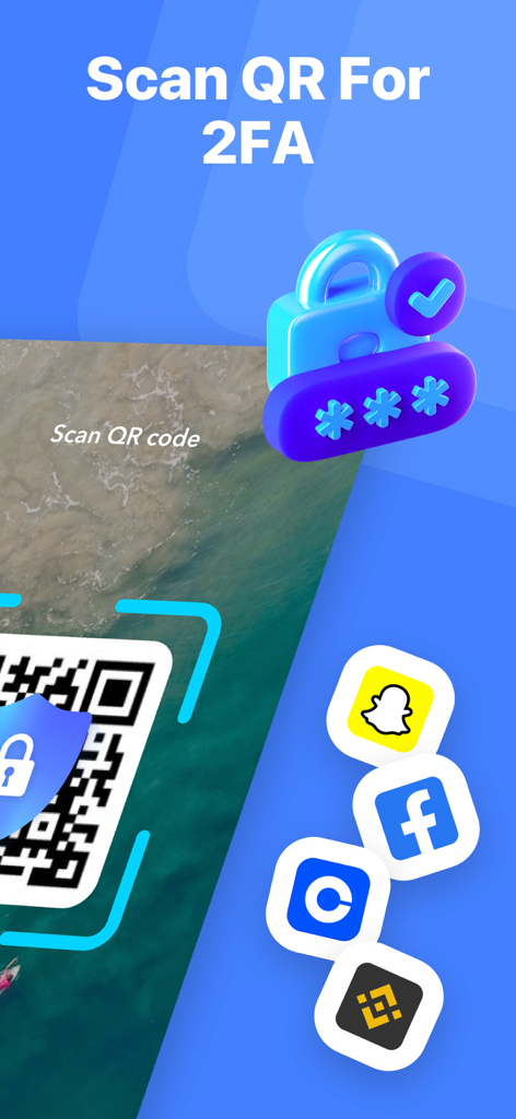 Scan QR code for two factor authentication with social media and crypto icons