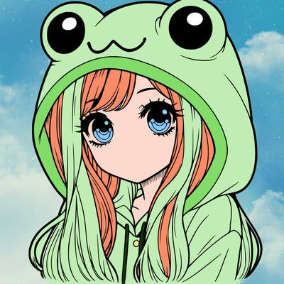 a pretty girl wearing a frog hoodie portrait with long hair