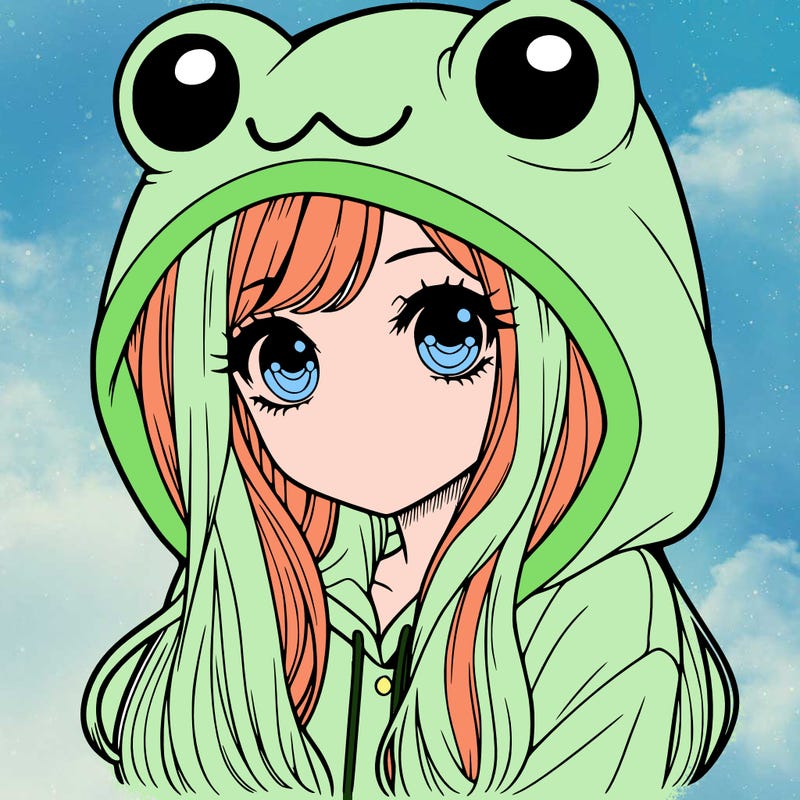 a pretty girl wearing a frog hoodie portrait with long hair
