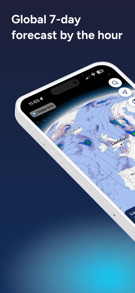 Fluid Meteo – Weather Forecast - Fluid Meteo app showing an interactive 3D globe with a 7 day hourly weather forecast on an iPhone