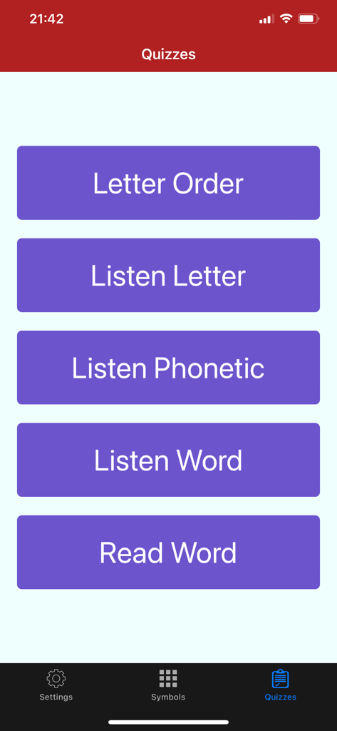 Italian Sounds and Alphabet - Quiz selection menu in the Italian language app featuring listening and reading exercises