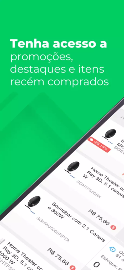Mercos - app de vendas - プロモーションや最近購入したアイテムがハイライトされたデジタル製品カタログを表示するMercos販売アプリのモバイルインターフェイス