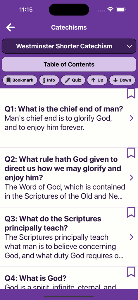 Reformed Companion - The Reformed Companion app displaying questions and answers from the Westminster Shorter Catechism.