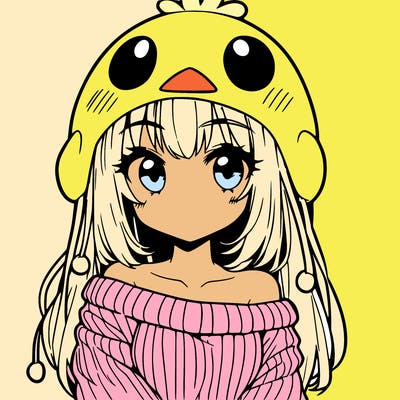 anime girl with chick shaped hat with sweater with bare shoulders with bangs covering them one eye with low tail