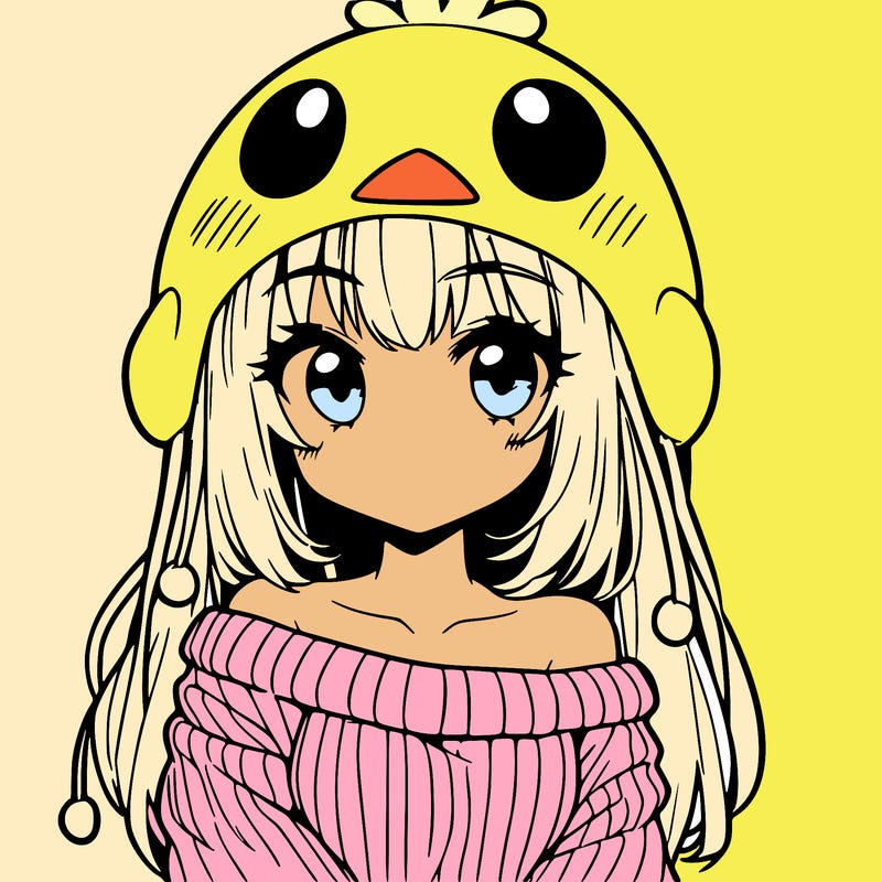 anime girl with chick shaped hat with sweater with bare shoulders with bangs covering them one eye with low tail