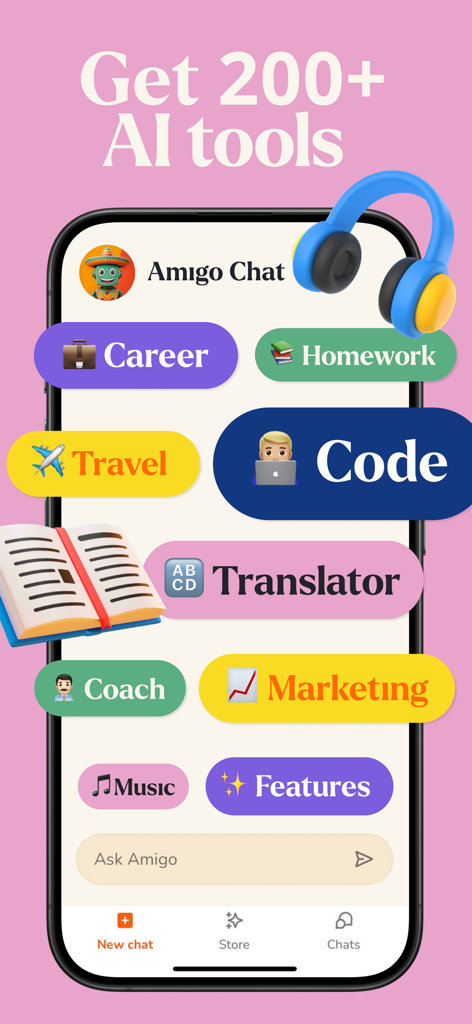 Amigo Chat - AI GPT assistant - Amigo Chat app interface displaying multiple AI tool categories including Career Homework Code and Marketing on a pink background