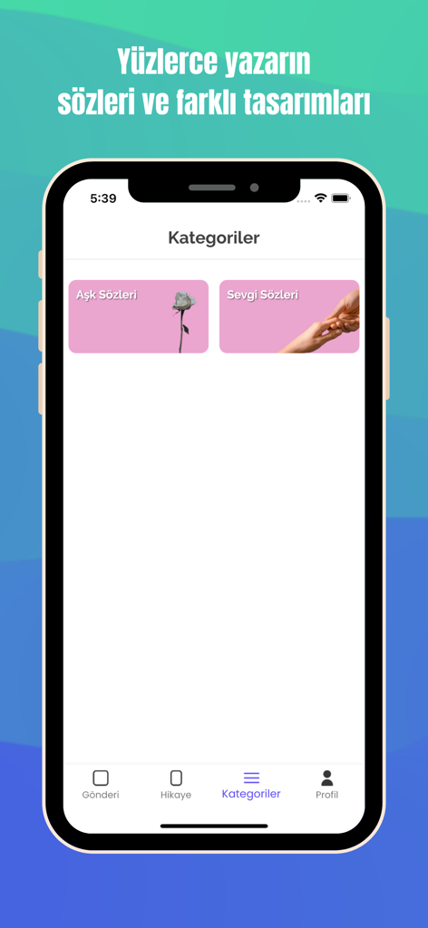Aşk ve Sevgi Sözleri - Interfaz de aplicación móvil mostrando categorías de citas de amor y afecto en turco.