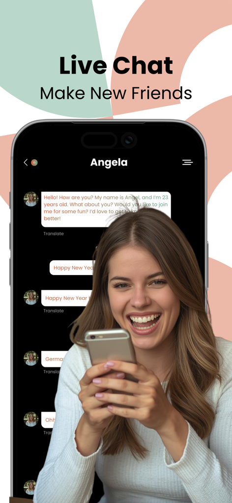 0meTV - Movies , Video Chat - Una mujer sonriendo mientras usa la interfaz de chat en vivo de la aplicación 0meTV para conocer nuevos amigos
