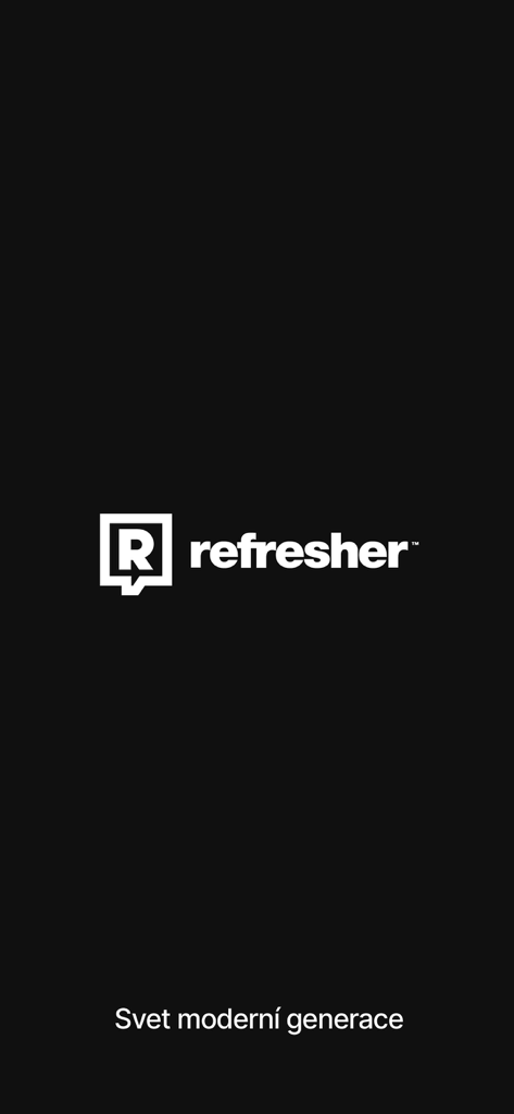 Ecrã de apresentação da app Refresher Cesko com o logótipo branco e o slogan Svet moderni generace num fundo preto